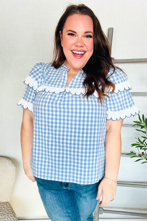 Lost In Love Cotton Blue Gingham Shirred Mock Neck Top - Coeur de la Mode