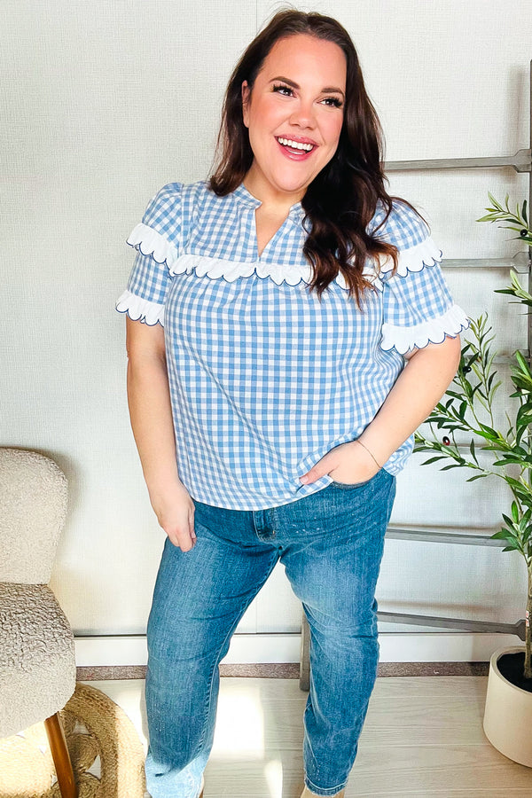 Lost In Love Cotton Blue Gingham Shirred Mock Neck Top - Coeur de la Mode