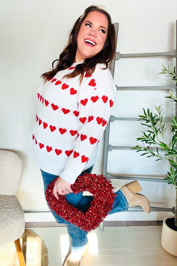 Be Mine White Jacquard Heart Stripe Pullover Sweater - Coeur de la Mode
