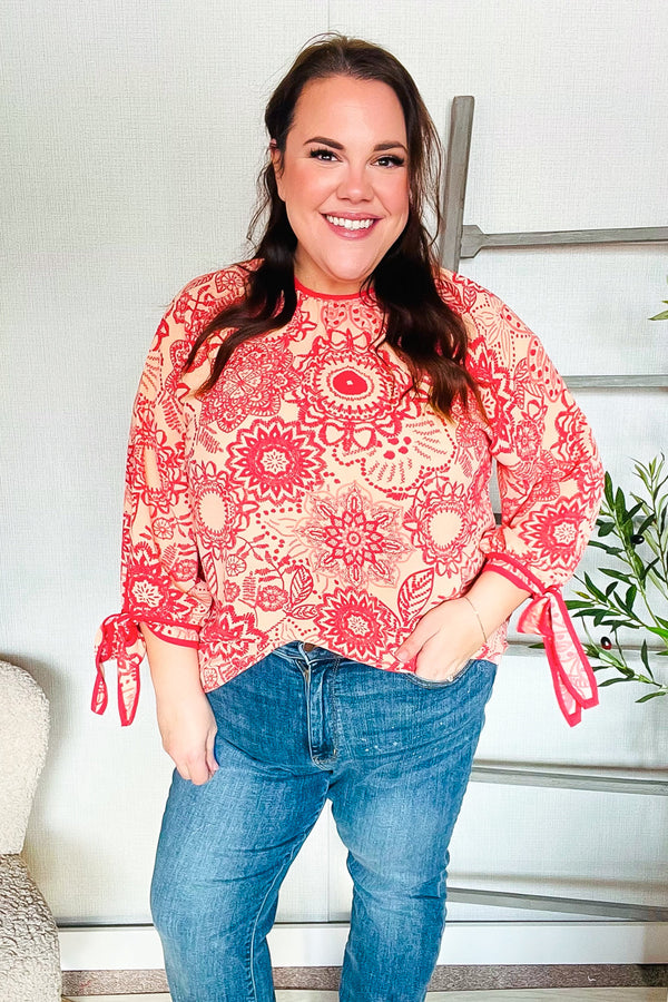 Be Bold Red & Coral Floral Long Sleeve Bow Tie Contrast Binding Top - Coeur de la Mode