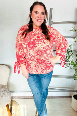 Be Bold Red & Coral Floral Long Sleeve Bow Tie Contrast Binding Top - Coeur de la Mode