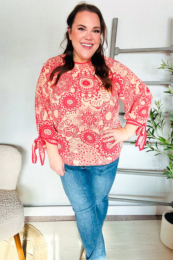 Be Bold Red & Coral Floral Long Sleeve Bow Tie Contrast Binding Top - Coeur de la Mode