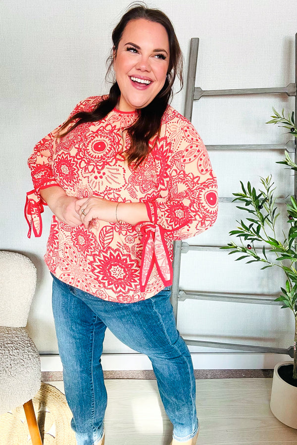 Be Bold Red & Coral Floral Long Sleeve Bow Tie Contrast Binding Top - Coeur de la Mode