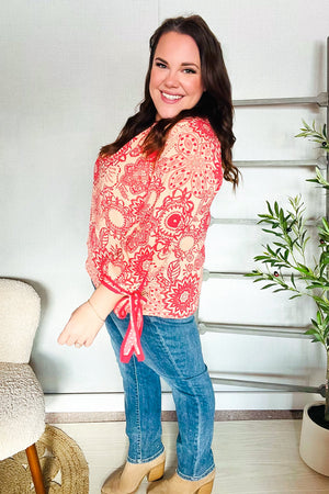 Be Bold Red & Coral Floral Long Sleeve Bow Tie Contrast Binding Top - Coeur de la Mode