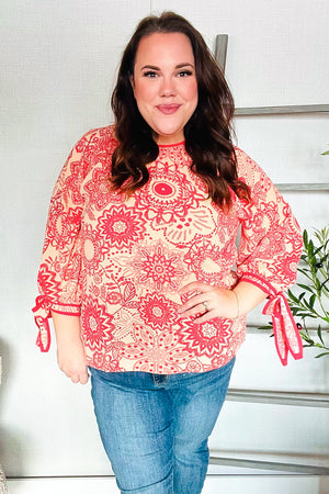 Be Bold Red & Coral Floral Long Sleeve Bow Tie Contrast Binding Top - Coeur de la Mode