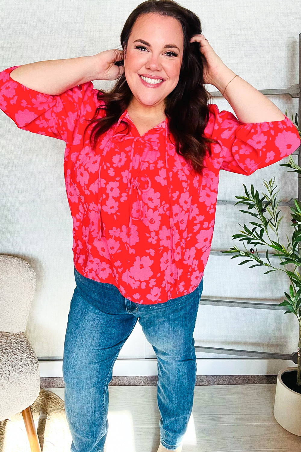 New Day Red Ribbon Bow Detail Floral Woven Blouse