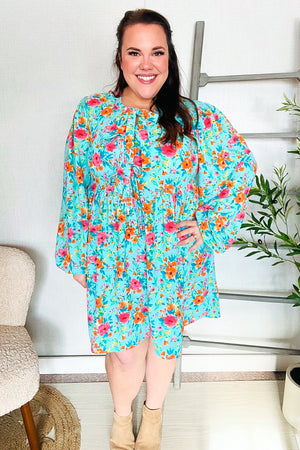 Feeling Femme Aqua Floral Ribbon Bow Tie Babydoll Dress - Coeur de la Mode
