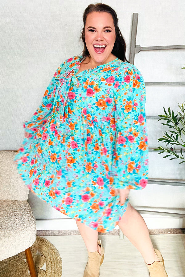 Feeling Femme Aqua Floral Ribbon Bow Tie Babydoll Dress - Coeur de la Mode