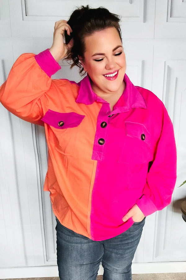 Feeling Bold Orange & Fuchsia Color Block Button Down Top - Coeur de la Mode