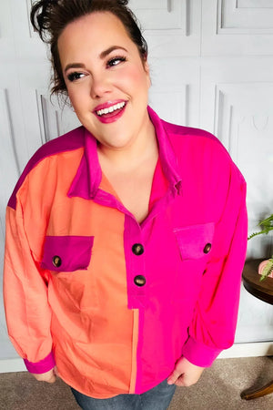 Feeling Bold Orange & Fuchsia Color Block Button Down Top - Coeur de la Mode