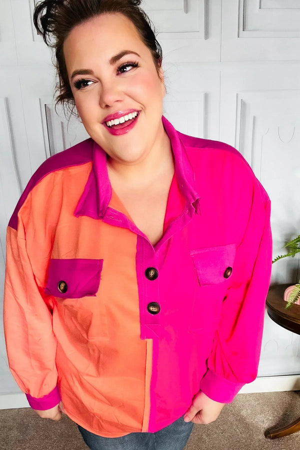 Feeling Bold Orange & Fuchsia Color Block Button Down Top - Coeur de la Mode