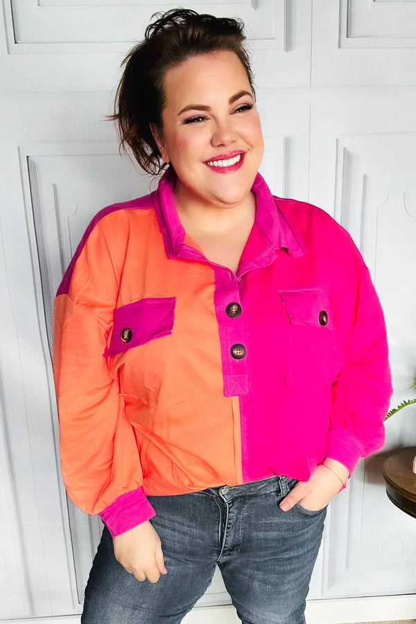 Feeling Bold Orange & Fuchsia Color Block Button Down Top - Coeur de la Mode