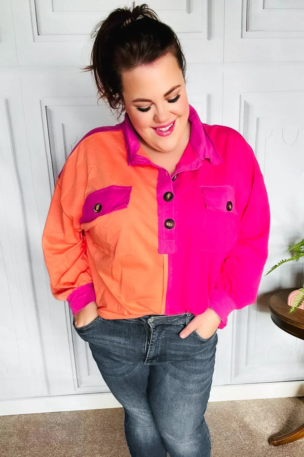 Feeling Bold Orange & Fuchsia Color Block Button Down Top - Coeur de la Mode