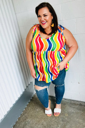 Multicolor Wavy Stripe Shoulder Tie Detail Top - Coeur de la Mode