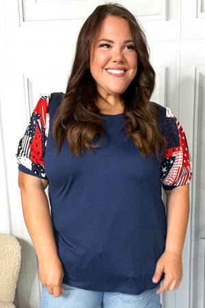 Stand-Out Navy Patriotic Patchwork Puff Sleeve Top - Coeur de la Mode
