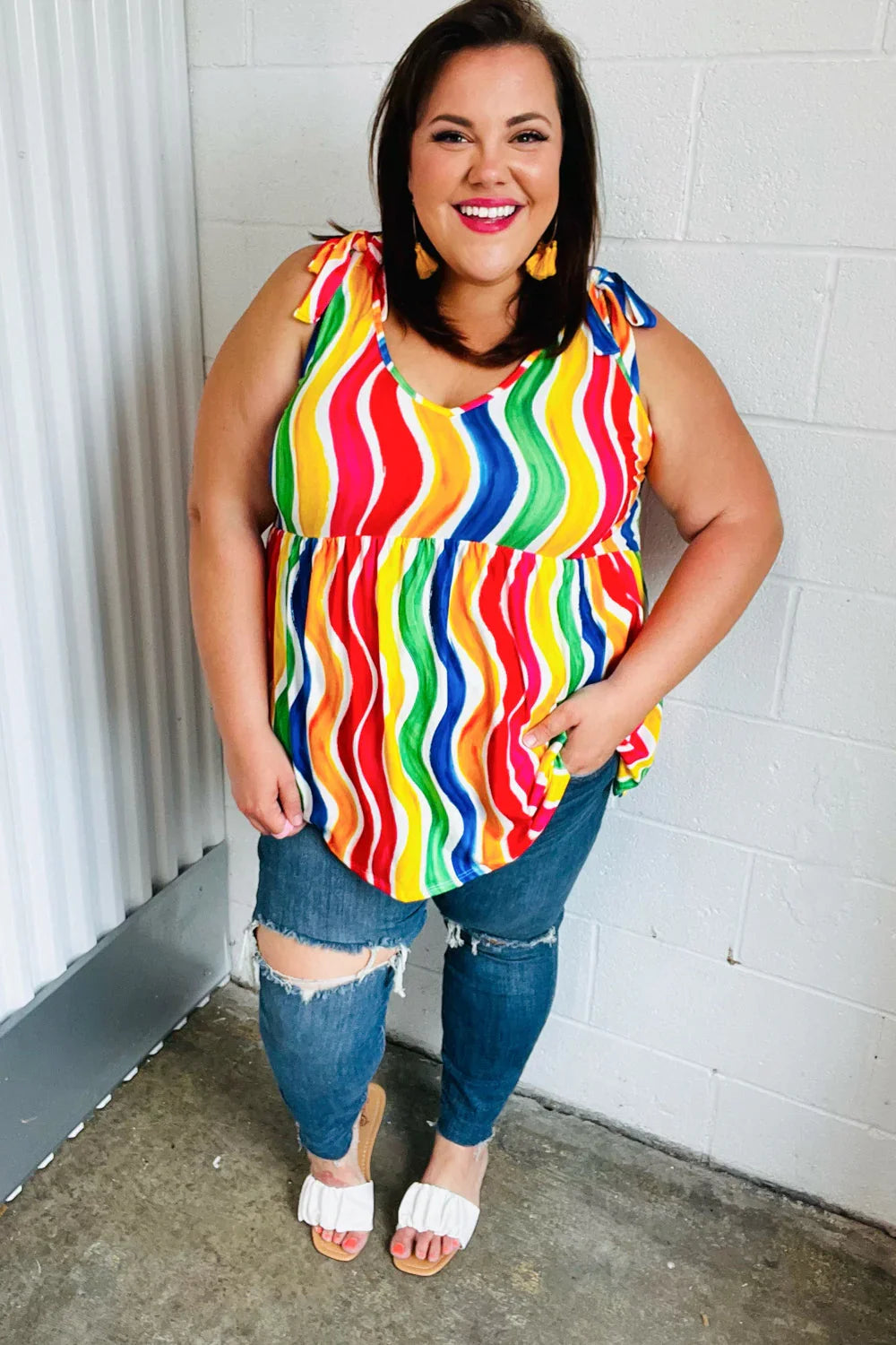 Multicolor Wavy Stripe Shoulder Tie Detail Top - Coeur de la Mode