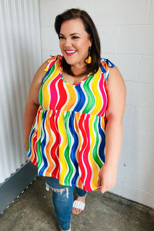 Multicolor Wavy Stripe Shoulder Tie Detail Top - Coeur de la Mode