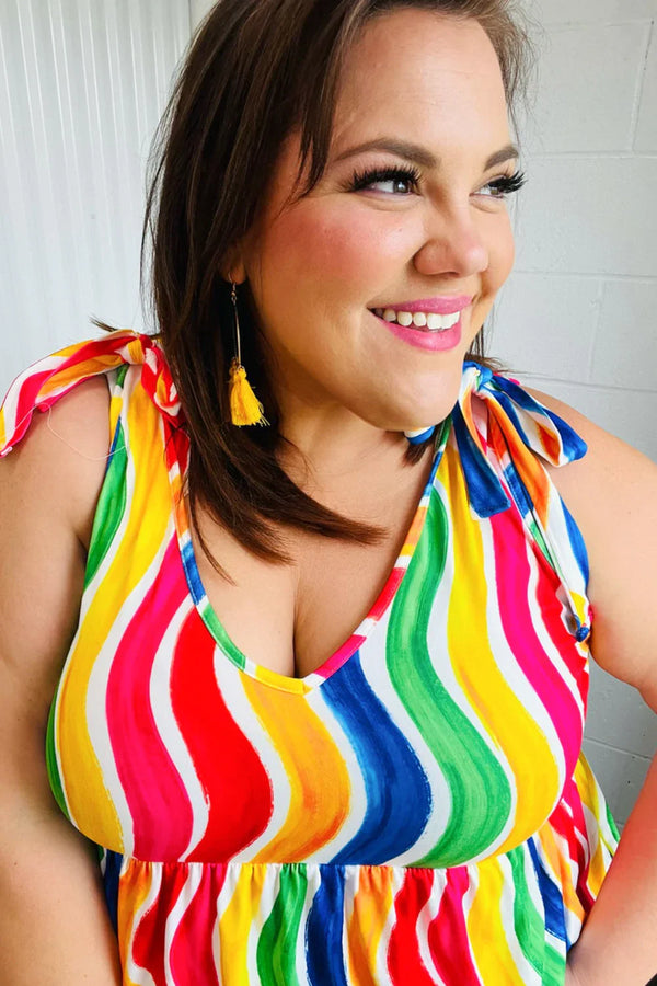 Multicolor Wavy Stripe Shoulder Tie Detail Top - Coeur de la Mode