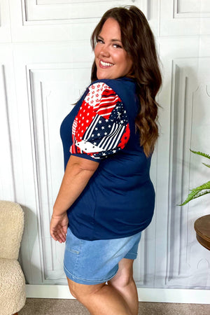 Stand-Out Navy Patriotic Patchwork Puff Sleeve Top - Coeur de la Mode