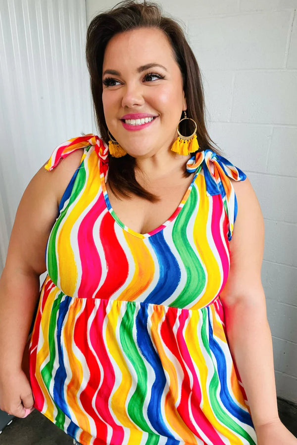 Multicolor Wavy Stripe Shoulder Tie Detail Top - Coeur de la Mode