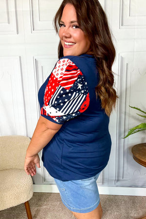 Stand-Out Navy Patriotic Patchwork Puff Sleeve Top - Coeur de la Mode