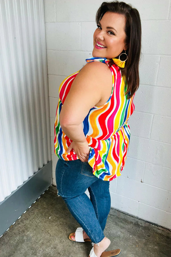 Multicolor Wavy Stripe Shoulder Tie Detail Top - Coeur de la Mode