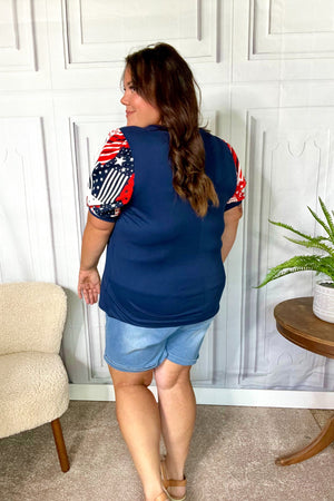 Stand-Out Navy Patriotic Patchwork Puff Sleeve Top - Coeur de la Mode