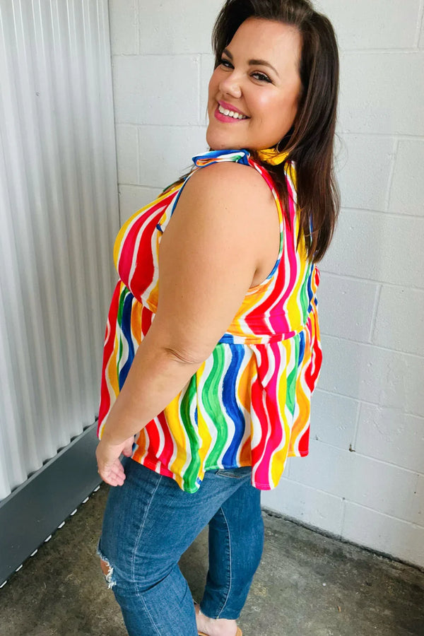 Multicolor Wavy Stripe Shoulder Tie Detail Top - Coeur de la Mode