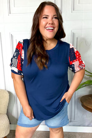 Stand-Out Navy Patriotic Patchwork Puff Sleeve Top - Coeur de la Mode