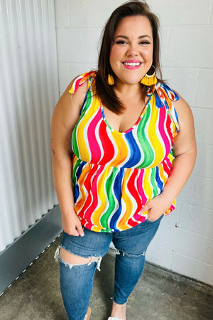 Multicolor Wavy Stripe Shoulder Tie Detail Top - Coeur de la Mode