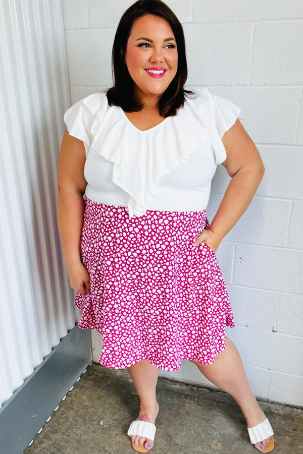 Fuchsia Leopard Two Fer Ruffle V Neck Woven Dress - Coeur de la Mode