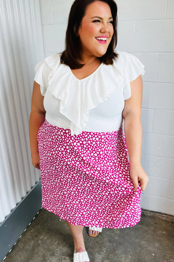 Fuchsia Leopard Two Fer Ruffle V Neck Woven Dress - Coeur de la Mode