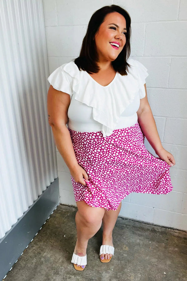 Fuchsia Leopard Two Fer Ruffle V Neck Woven Dress - Coeur de la Mode