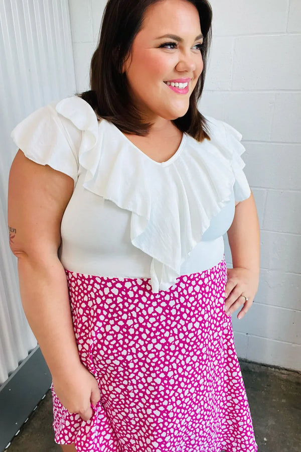 Fuchsia Leopard Two Fer Ruffle V Neck Woven Dress - Coeur de la Mode