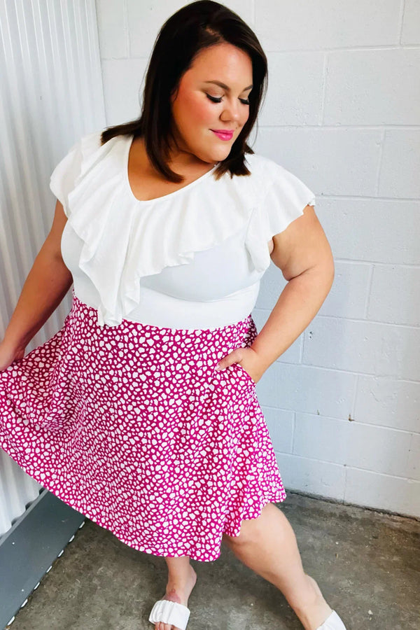 Fuchsia Leopard Two Fer Ruffle V Neck Woven Dress - Coeur de la Mode