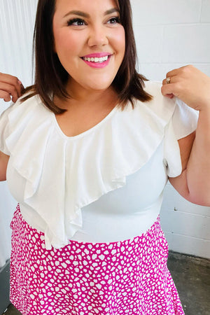 Fuchsia Leopard Two Fer Ruffle V Neck Woven Dress - Coeur de la Mode