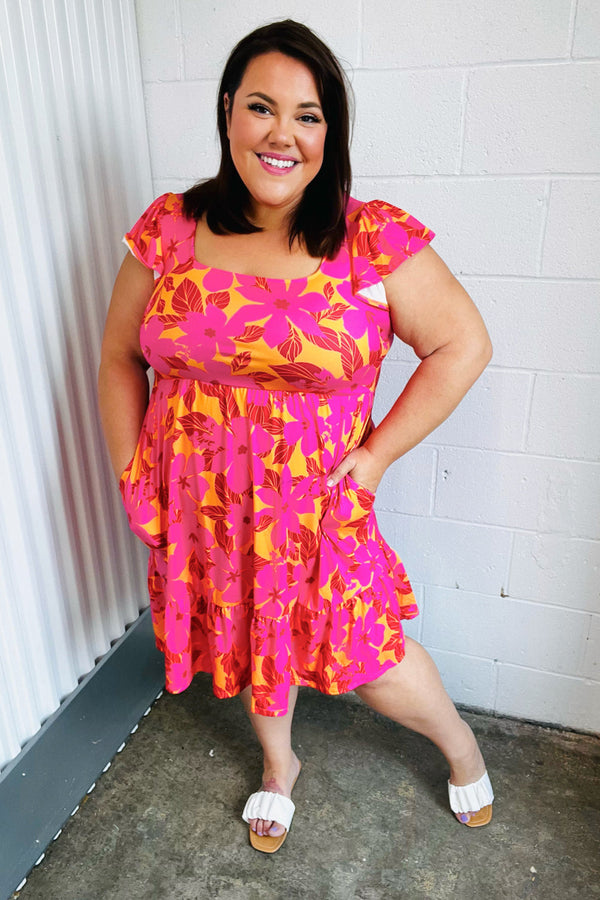 Fuchsia & Orange Tropical Floral Square Neck Dress - Coeur de la Mode