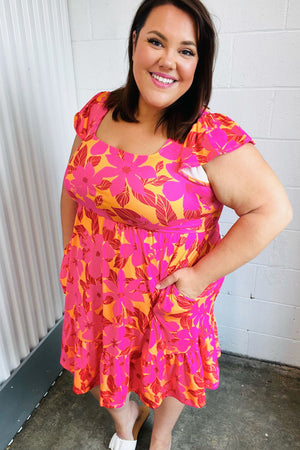 Fuchsia & Orange Tropical Floral Square Neck Dress - Coeur de la Mode