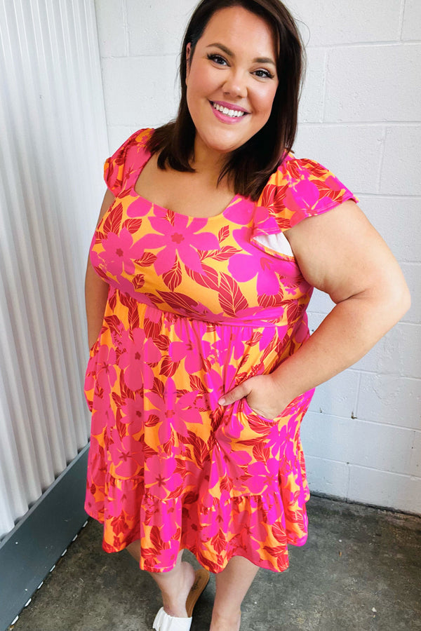 Fuchsia & Orange Tropical Floral Square Neck Dress - Coeur de la Mode