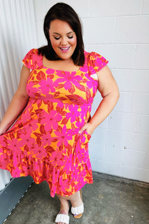 Fuchsia & Orange Tropical Floral Square Neck Dress - Coeur de la Mode