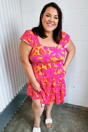 Fuchsia & Orange Tropical Floral Square Neck Dress - Coeur de la Mode