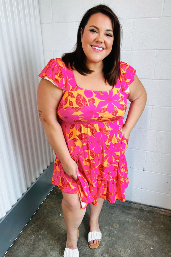 Fuchsia & Orange Tropical Floral Square Neck Dress - Coeur de la Mode