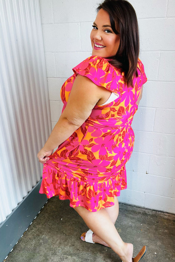 Fuchsia & Orange Tropical Floral Square Neck Dress - Coeur de la Mode