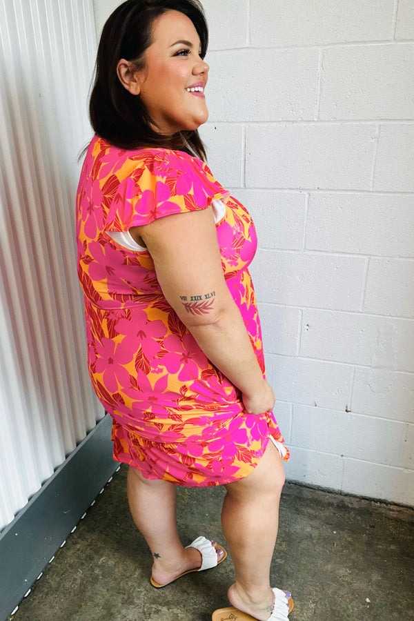 Fuchsia & Orange Tropical Floral Square Neck Dress - Coeur de la Mode