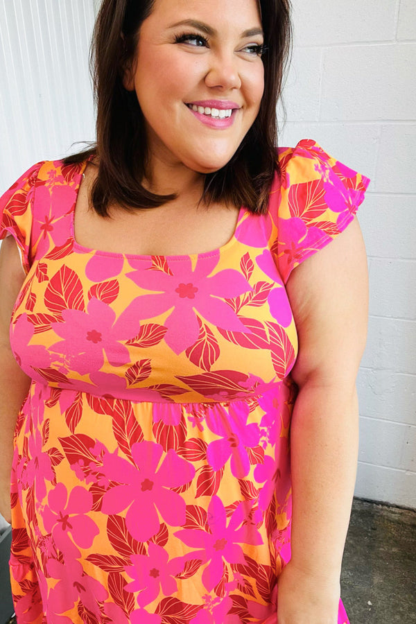 Fuchsia & Orange Tropical Floral Square Neck Dress - Coeur de la Mode