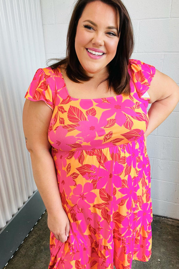 Fuchsia & Orange Tropical Floral Square Neck Dress - Coeur de la Mode