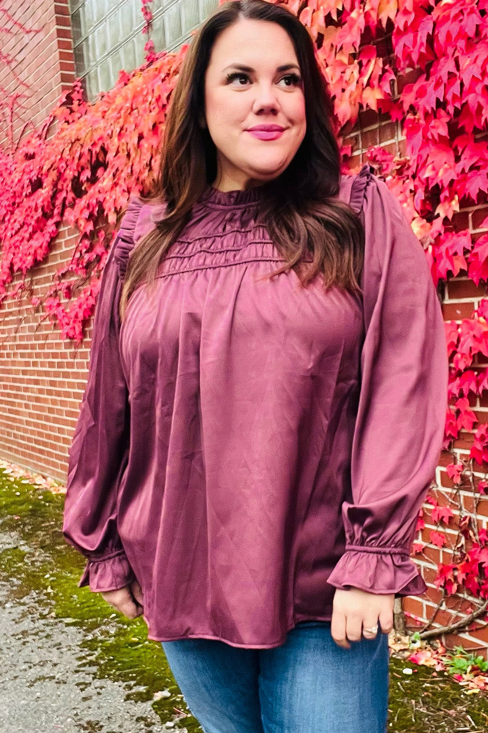 Be Your Best Wine Satin Shirred Yoke Frilled Mock Neck Top - Coeur de la Mode