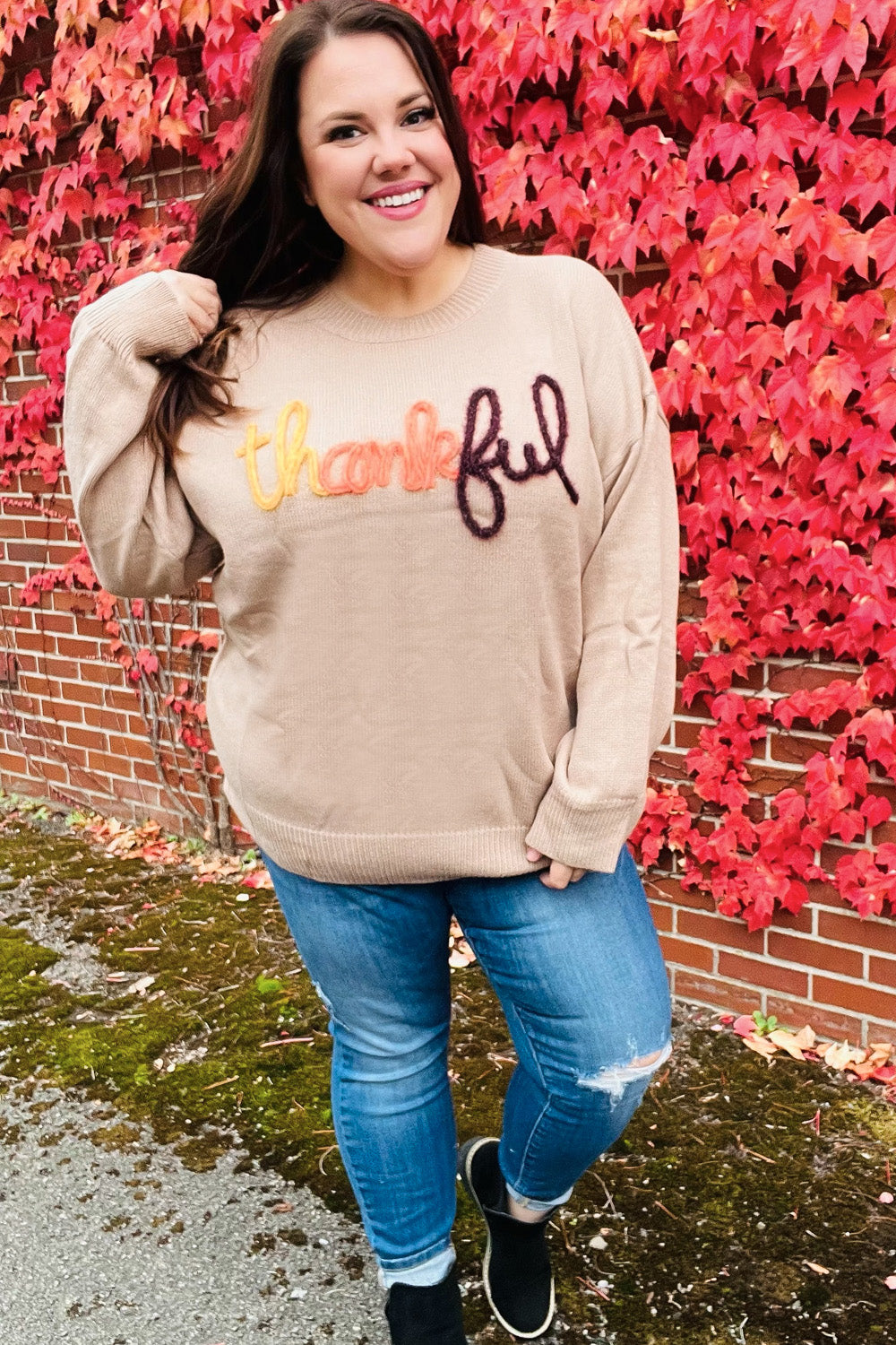 Feeling Thankful Taupe Pop Up Glittery Embroidery Sweater - Coeur de la Mode