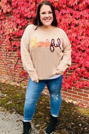 Feeling Thankful Taupe Pop Up Glittery Embroidery Sweater - Coeur de la Mode