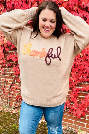 Feeling Thankful Taupe Pop Up Glittery Embroidery Sweater - Coeur de la Mode